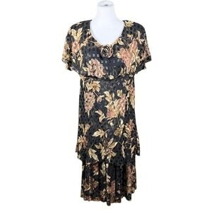 Cattiva Vintage Floral Metallic Tiered Midi‎ Dress Black Gold Bronze Size 16